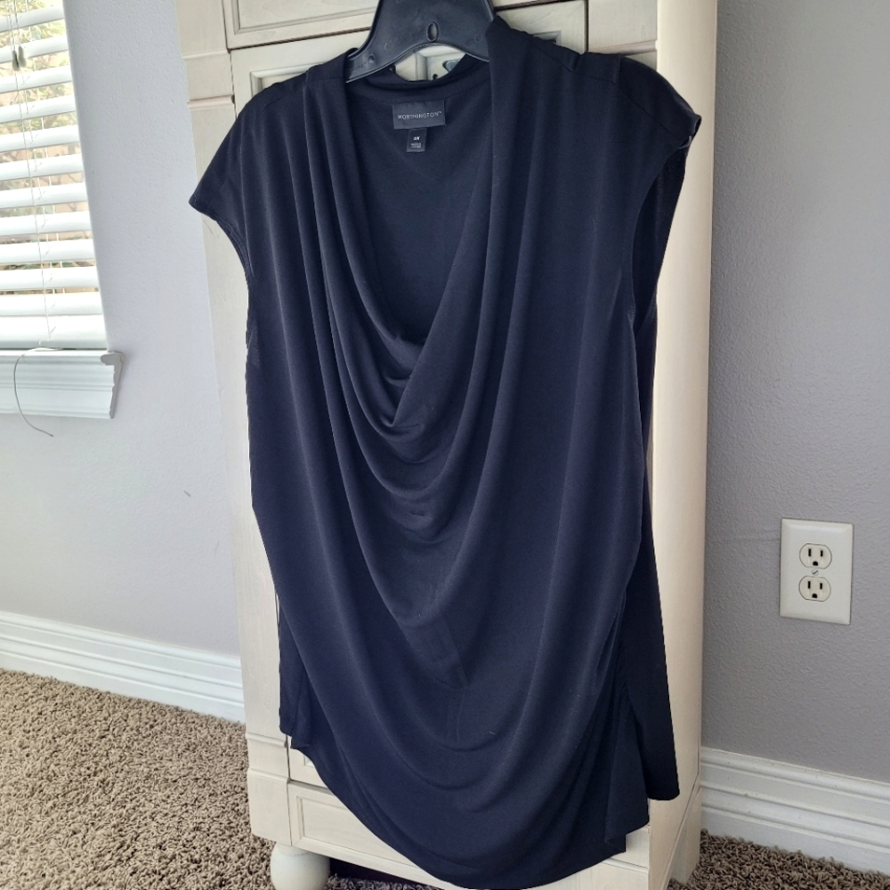 Worthington basic black dressy top w/ side ruching, draping scoop neck size 3X